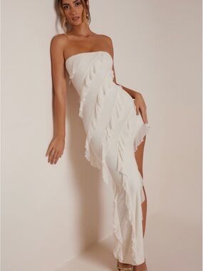 Oh Polly White One-Shoulder Ruffle Asymmetric Maxi Dress